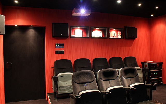 Home media room with theater chairs